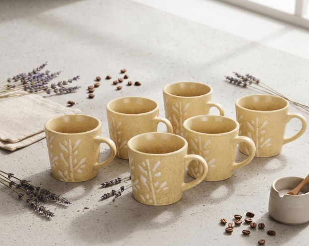 Bio China Mug Set of 6, 120 ml Cream Floral Embossed Tea & Coffee Cups with Handles, Lightweight Leaf Pattern Drinking Mugs for Tea, Coffee, Espresso, Green Tea & Hot Beverages, 6 x 6.5 cm