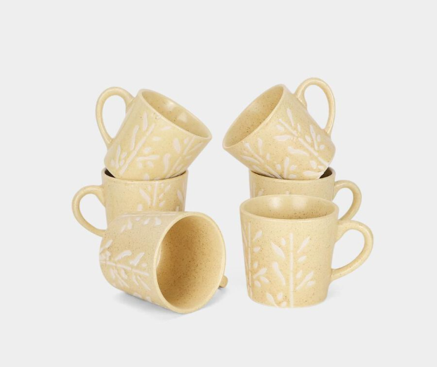 Bio China Mug Set of 6, 120 ml Cream Floral Embossed Tea & Coffee Cups with Handles, Lightweight Leaf Pattern Drinking Mugs for Tea, Coffee, Espresso, Green Tea & Hot Beverages, 6 x 6.5 cm