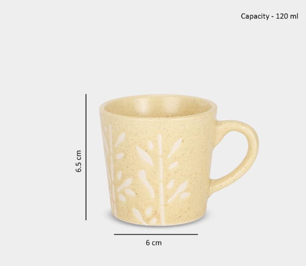 Bio China Mug Set of 6, 120 ml Cream Floral Embossed Tea & Coffee Cups with Handles, Lightweight Leaf Pattern Drinking Mugs for Tea, Coffee, Espresso, Green Tea & Hot Beverages, 6 x 6.5 cm