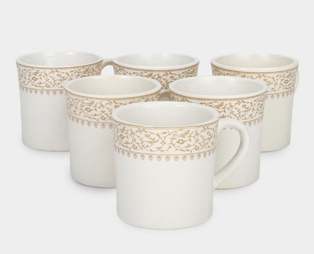 Bone China Mug Set of 6, 120 ml White Tea & Coffee Cups with Handles, Elegant Gold Floral Border Design Drinking Mugs, Premium Lightweight Drinkware for Tea, Coffee, Espresso, Green Tea & Hot Beverages, 7 x 6 cm