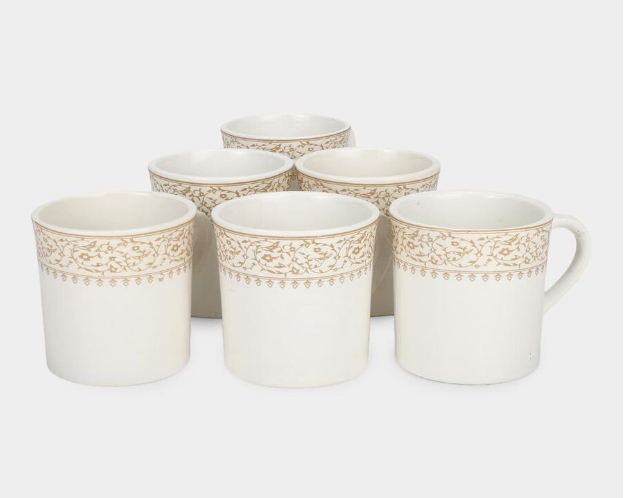 Bone China Mug Set of 6, 120 ml White Tea & Coffee Cups with Handles, Elegant Gold Floral Border Design Drinking Mugs, Premium Lightweight Drinkware for Tea, Coffee, Espresso, Green Tea & Hot Beverages, 7 x 6 cm