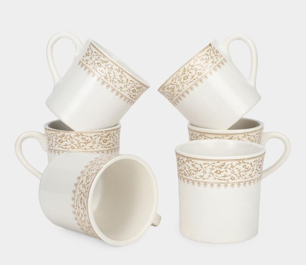 Bone China Mug Set of 6, 120 ml White Tea & Coffee Cups with Handles, Elegant Gold Floral Border Design Drinking Mugs, Premium Lightweight Drinkware for Tea, Coffee, Espresso, Green Tea & Hot Beverages, 7 x 6 cm