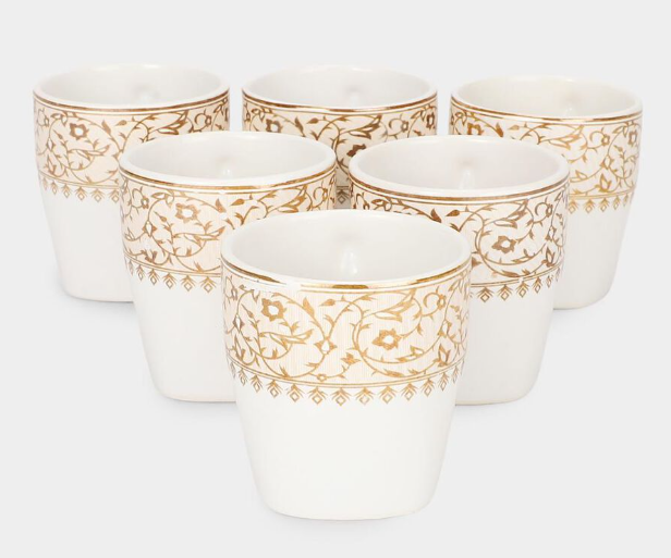 Bone China Mug Set of 6, 120 ml White Tea & Coffee Cups with Handles, Elegant Gold Floral Vine Border Design Drinking Mugs, Premium Drinkware for Tea, Coffee, Espresso, Cappuccino & Hot Beverages, 7 x 5.5 cm