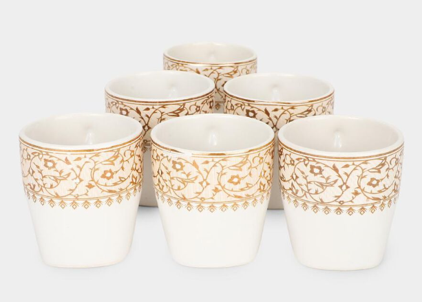 Bone China Mug Set of 6, 120 ml White Tea & Coffee Cups with Handles, Elegant Gold Floral Vine Border Design Drinking Mugs, Premium Drinkware for Tea, Coffee, Espresso, Cappuccino & Hot Beverages, 7 x 5.5 cm