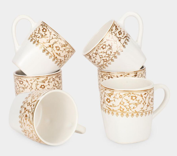 Bone China Mug Set of 6, 120 ml White Tea & Coffee Cups with Handles, Elegant Gold Floral Vine Border Design Drinking Mugs, Premium Drinkware for Tea, Coffee, Espresso, Cappuccino & Hot Beverages, 7 x 5.5 cm