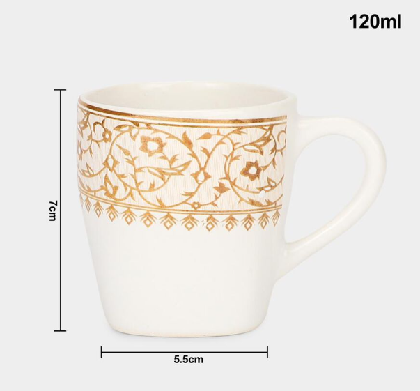 Bone China Mug Set of 6, 120 ml White Tea & Coffee Cups with Handles, Elegant Gold Floral Vine Border Design Drinking Mugs, Premium Drinkware for Tea, Coffee, Espresso, Cappuccino & Hot Beverages, 7 x 5.5 cm