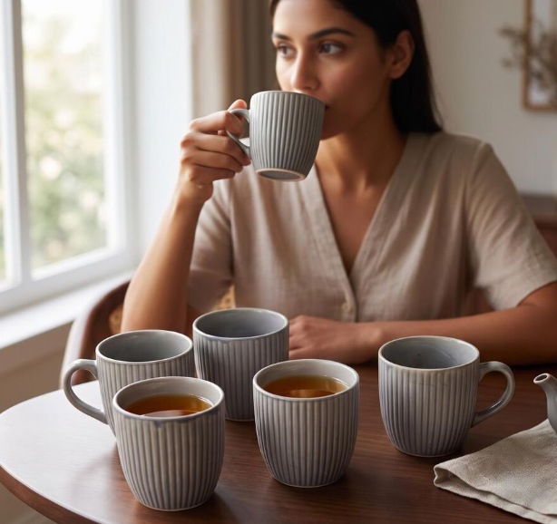 Bio China Mug Set of 6, 140 ml Grey Tea & Coffee Cups with Handles, Modern Ribbed Textured Drinking Mugs, Lightweight Drinkware for Tea, Coffee, Espresso, Cappuccino & Hot Beverages, 7 x 7 cm