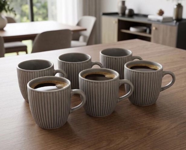 Bio China Mug Set of 6, 140 ml Grey Tea & Coffee Cups with Handles, Mo ...