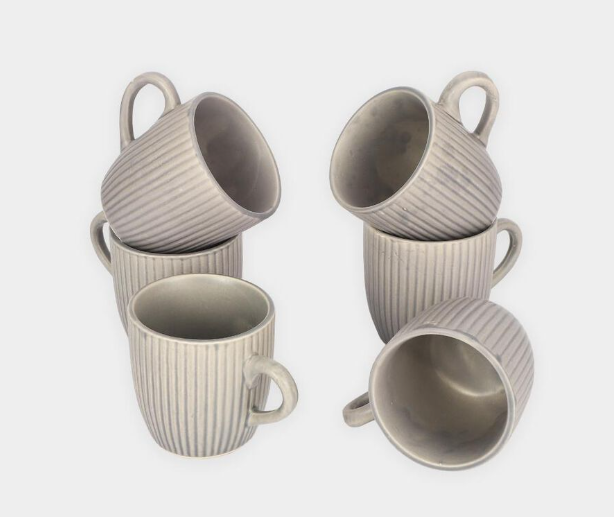 Bio China Mug Set of 6, 140 ml Grey Tea & Coffee Cups with Handles, Modern Ribbed Textured Drinking Mugs, Lightweight Drinkware for Tea, Coffee, Espresso, Cappuccino & Hot Beverages, 7 x 7 cm