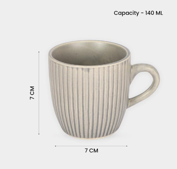 Bio China Mug Set of 6, 140 ml Grey Tea & Coffee Cups with Handles, Modern Ribbed Textured Drinking Mugs, Lightweight Drinkware for Tea, Coffee, Espresso, Cappuccino & Hot Beverages, 7 x 7 cm