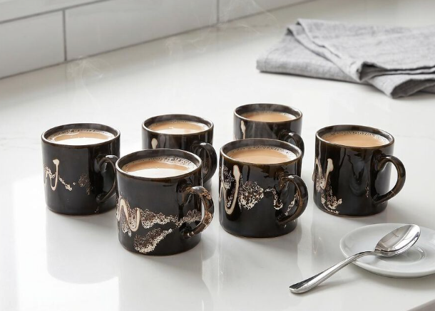 Bone China Mug Set of 6, 120 ml Black Tea & Coffee Cups with Handles, Artistic Gold Splash Design Drinking Mugs, Premium Lightweight Drinkware for Tea, Coffee, Espresso, Cappuccino & Hot Beverages, 7 x 6.5 cm