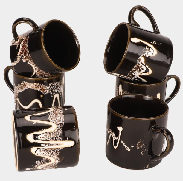 Bone China Mug Set of 6, 120 ml Black Tea & Coffee Cups with Handles, Artistic Gold Splash Design Drinking Mugs, Premium Lightweight Drinkware for Tea, Coffee, Espresso, Cappuccino & Hot Beverages, 7 x 6.5 cm
