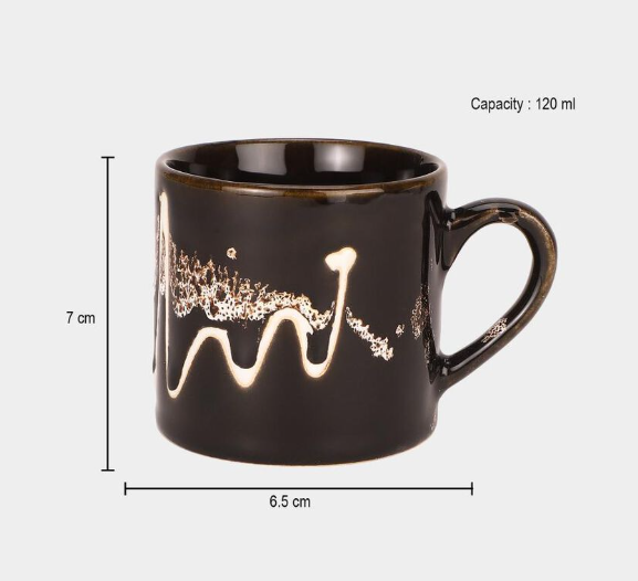 Bone China Mug Set of 6, 120 ml Black Tea & Coffee Cups with Handles, Artistic Gold Splash Design Drinking Mugs, Premium Lightweight Drinkware for Tea, Coffee, Espresso, Cappuccino & Hot Beverages, 7 x 6.5 cm