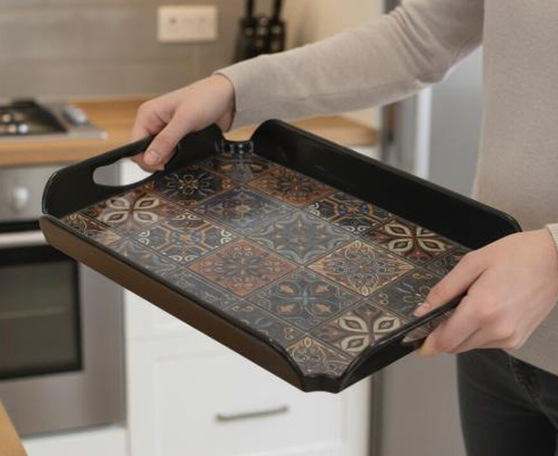 Melamine Serving Tray with Handles, Black Rectangular Floral Design Tray, 29 x 21.5 x 4 cm Multipurpose Tea, Coffee, Snacks & Breakfast Serving Tray for Home, Kitchen & Dining