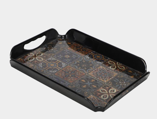 Melamine Serving Tray with Handles, Black Rectangular Floral Design Tray, 29 x 21.5 x 4 cm Multipurpose Tea, Coffee, Snacks & Breakfast Serving Tray for Home, Kitchen & Dining
