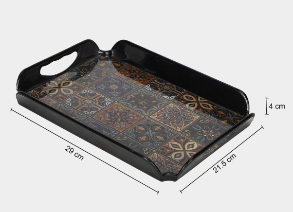 Melamine Serving Tray with Handles, Black Rectangular Floral Design Tray, 29 x 21.5 x 4 cm Multipurpose Tea, Coffee, Snacks & Breakfast Serving Tray for Home, Kitchen & Dining