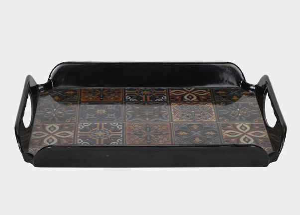Melamine Serving Tray with Handles, Black Rectangular Floral Design Tray, 29 x 21.5 x 4 cm Multipurpose Tea, Coffee, Snacks & Breakfast Serving Tray for Home, Kitchen & Dining