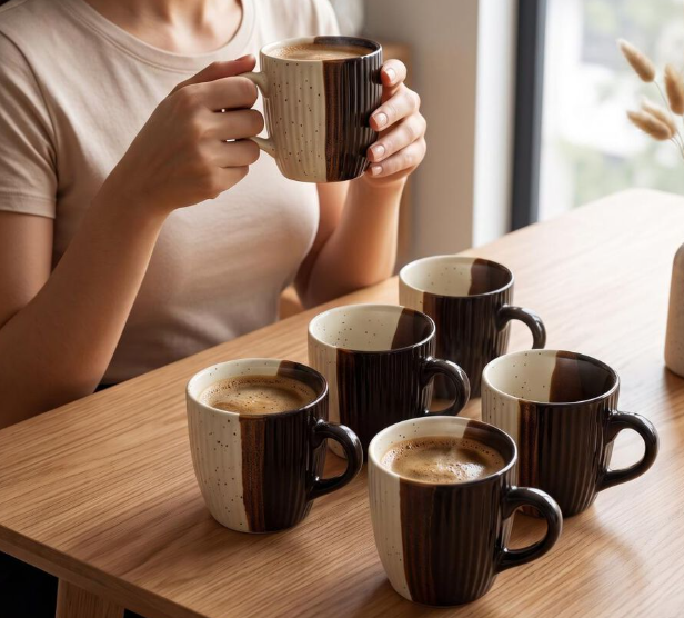 Bio China Mug Set of 6, 120 ml Cream & Black Dual-Tone Tea and Coffee Cups with Handles, Half-Print Ribbed Textured Drinking Mugs for Tea, Coffee, Espresso, Cappuccino & Hot Beverages, 7 x 7 cm