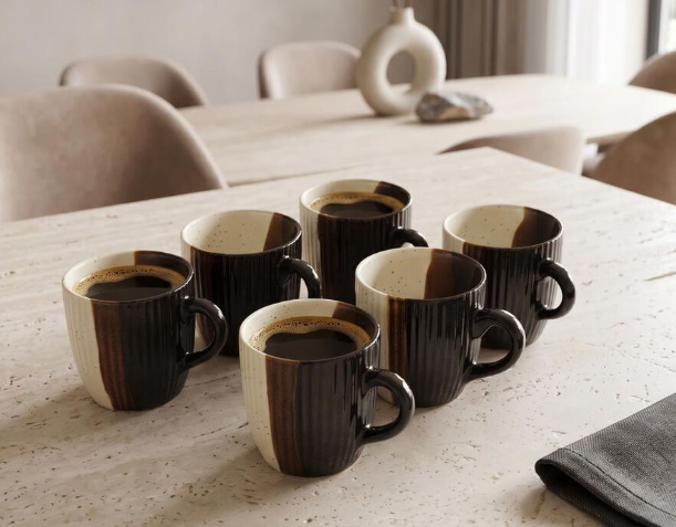 Bio China Mug Set of 6, 120 ml Cream & Black Dual-Tone Tea and Coffee Cups with Handles, Half-Print Ribbed Textured Drinking Mugs for Tea, Coffee, Espresso, Cappuccino & Hot Beverages, 7 x 7 cm