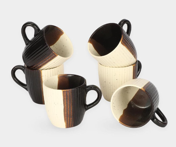 Bio China Mug Set of 6, 120 ml Cream & Black Dual-Tone Tea and Coffee Cups with Handles, Half-Print Ribbed Textured Drinking Mugs for Tea, Coffee, Espresso, Cappuccino & Hot Beverages, 7 x 7 cm