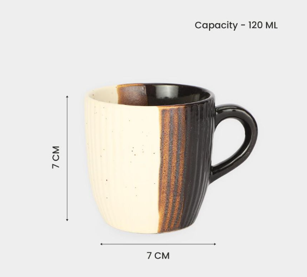 Bio China Mug Set of 6, 120 ml Cream & Black Dual-Tone Tea and Coffee Cups with Handles, Half-Print Ribbed Textured Drinking Mugs for Tea, Coffee, Espresso, Cappuccino & Hot Beverages, 7 x 7 cm