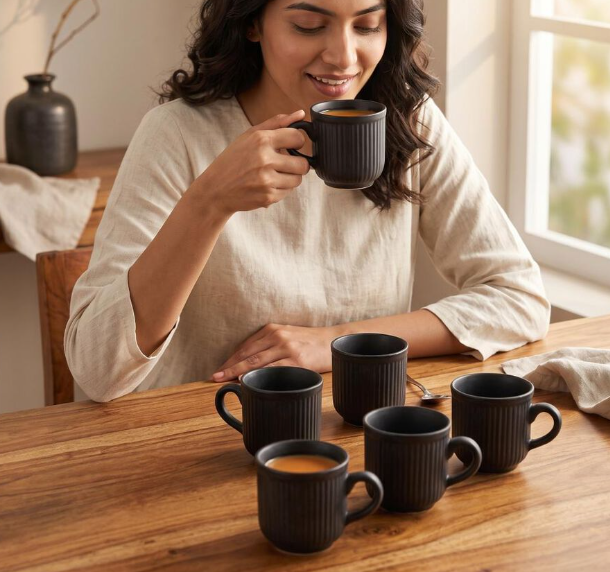 Bone China Mug Set of 6, 140ml Matte Black Ribbed Tea & Coffee Cups, Lightweight Elegant Drinking Mugs for Espresso, Cappuccino, Hot Chocolate & Hot Beverages, 7 x 6.5 cm