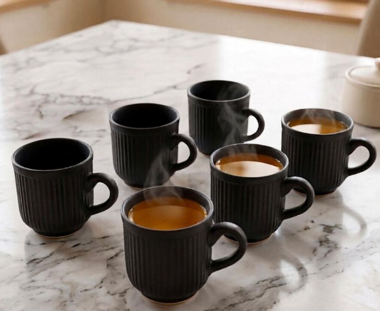 Bone China Mug Set of 6, 140ml Matte Black Ribbed Tea & Coffee Cups, Lightweight Elegant Drinking Mugs for Espresso, Cappuccino, Hot Chocolate & Hot Beverages, 7 x 6.5 cm