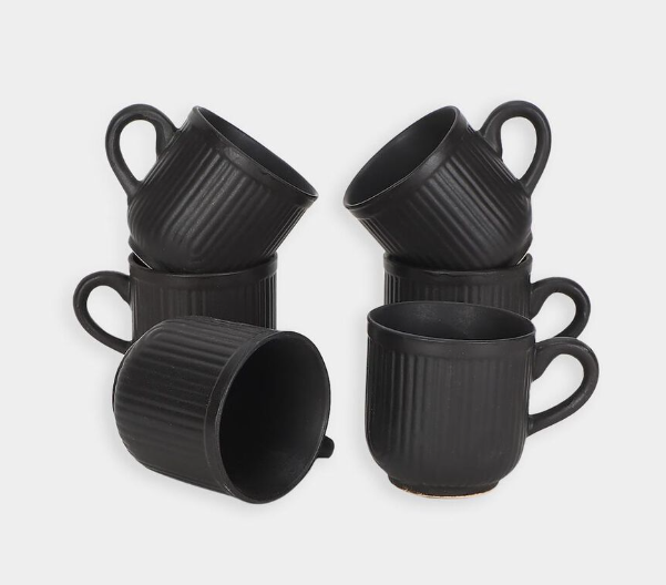 Bone China Mug Set of 6, 140ml Matte Black Ribbed Tea & Coffee Cups, Lightweight Elegant Drinking Mugs for Espresso, Cappuccino, Hot Chocolate & Hot Beverages, 7 x 6.5 cm