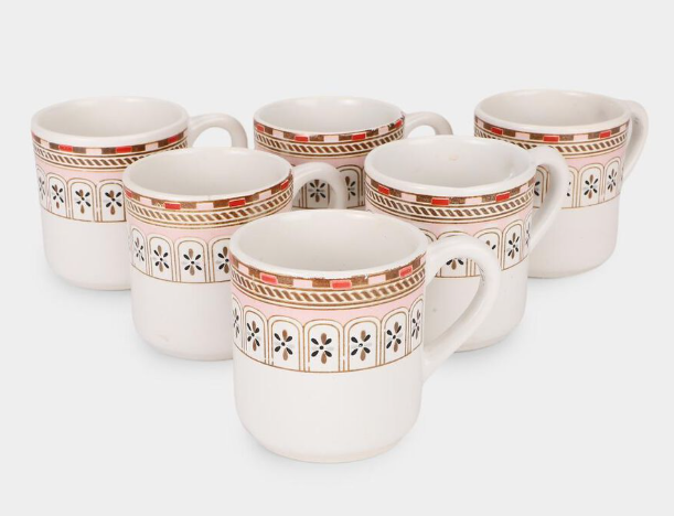 Bone China Mug Set of 6, 120ml White Tea & Coffee Cups with Geometric Floral Border Design, Gold & Red Accents, Elegant Drinking Mugs for Espresso, Green Tea & Hot Beverages, 7 x 6 cm