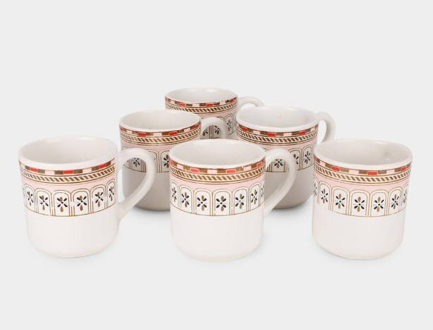 Bone China Mug Set of 6, 120ml White Tea & Coffee Cups with Geometric Floral Border Design, Gold & Red Accents, Elegant Drinking Mugs for Espresso, Green Tea & Hot Beverages, 7 x 6 cm