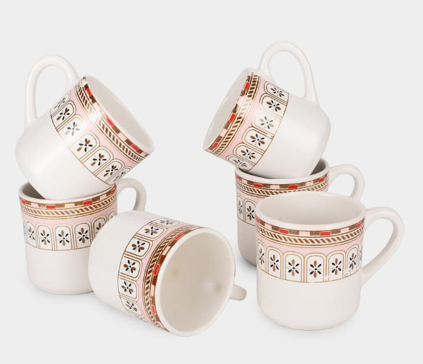 Bone China Mug Set of 6, 120ml White Tea & Coffee Cups with Geometric Floral Border Design, Gold & Red Accents, Elegant Drinking Mugs for Espresso, Green Tea & Hot Beverages, 7 x 6 cm