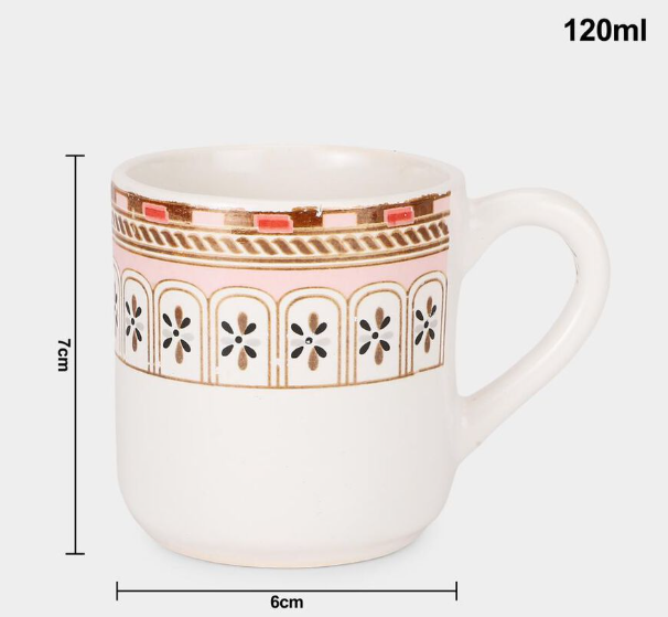 Bone China Mug Set of 6, 120ml White Tea & Coffee Cups with Geometric Floral Border Design, Gold & Red Accents, Elegant Drinking Mugs for Espresso, Green Tea & Hot Beverages, 7 x 6 cm