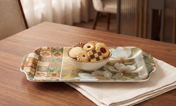 Melamine Serving Tray, Rectangular Floral Print Tray for Tea, Coffee, Snacks, Breakfast & Desserts, Lightweight Multipurpose Tray for Home, Kitchen, Dining & Guest Serving, 31 x 19 cm