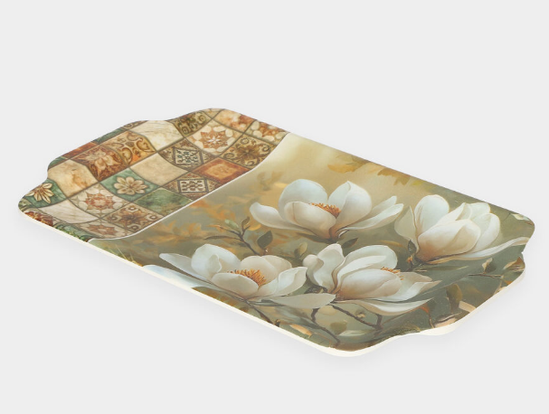 Melamine Serving Tray, Rectangular Floral Print Tray for Tea, Coffee, Snacks, Breakfast & Desserts, Lightweight Multipurpose Tray for Home, Kitchen, Dining & Guest Serving, 31 x 19 cm