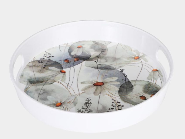 Round Melamine Serving Tray with Handles, White Floral Print Tray with Raised Edges for Tea, Coffee, Snacks, Desserts & Beverages, Multipurpose Tray for Home, Kitchen & Dining, 25.5 x 4.5 cm