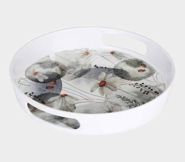 Round Melamine Serving Tray with Handles, White Floral Print Tray with Raised Edges for Tea, Coffee, Snacks, Desserts & Beverages, Multipurpose Tray for Home, Kitchen & Dining, 25.5 x 4.5 cm