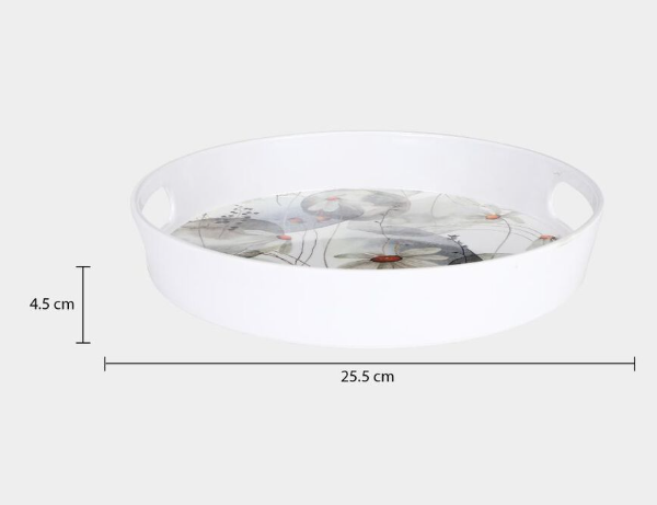 Round Melamine Serving Tray with Handles, White Floral Print Tray with Raised Edges for Tea, Coffee, Snacks, Desserts & Beverages, Multipurpose Tray for Home, Kitchen & Dining, 25.5 x 4.5 cm
