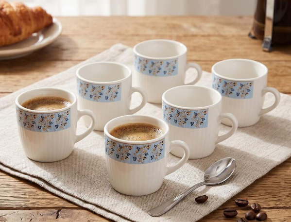Bone China Mug Set of 6, 140ml White Tea & Coffee Cups with Blue Floral Border Design, Textured Lightweight Drinking Mugs for Espresso, Cappuccino, Green Tea & Hot Beverages, 7 x 7 cm