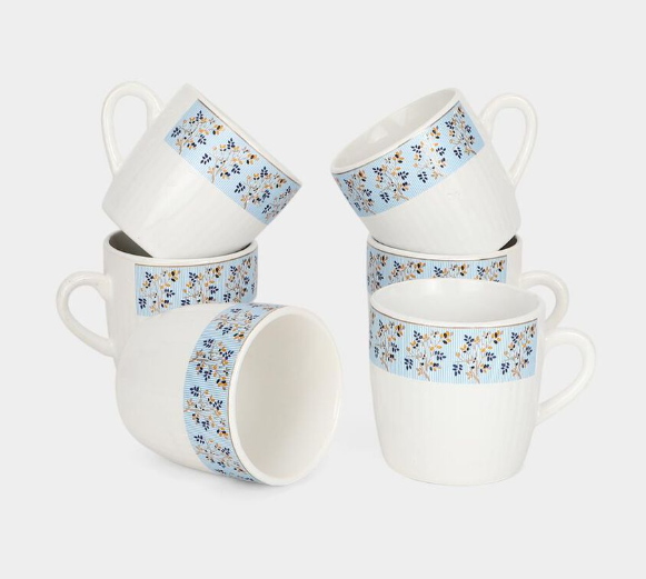 Bone China Mug Set of 6, 140ml White Tea & Coffee Cups with Blue Floral Border Design, Textured Lightweight Drinking Mugs for Espresso, Cappuccino, Green Tea & Hot Beverages, 7 x 7 cm