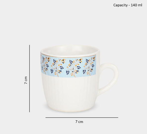 Bone China Mug Set of 6, 140ml White Tea & Coffee Cups with Blue Floral Border Design, Textured Lightweight Drinking Mugs for Espresso, Cappuccino, Green Tea & Hot Beverages, 7 x 7 cm