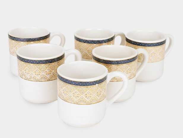 Bone China Mug Set of 6, 120ml White Tea & Coffee Cups with Geometric Gold and Blue Border Design, Elegant Drinking Mugs for Espresso, Cappuccino, Green Tea & Hot Beverages, 7 x 6 cm