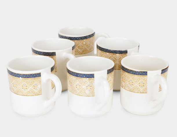 Bone China Mug Set of 6, 120ml White Tea & Coffee Cups with Geometric Gold and Blue Border Design, Elegant Drinking Mugs for Espresso, Cappuccino, Green Tea & Hot Beverages, 7 x 6 cm