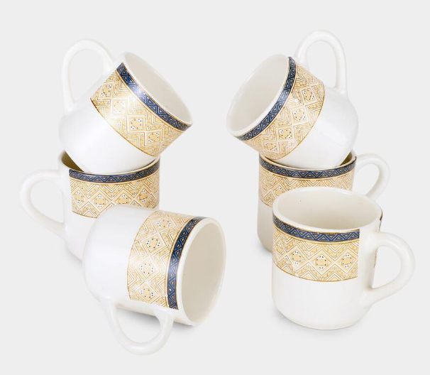 Bone China Mug Set of 6, 120ml White Tea & Coffee Cups with Geometric Gold and Blue Border Design, Elegant Drinking Mugs for Espresso, Cappuccino, Green Tea & Hot Beverages, 7 x 6 cm