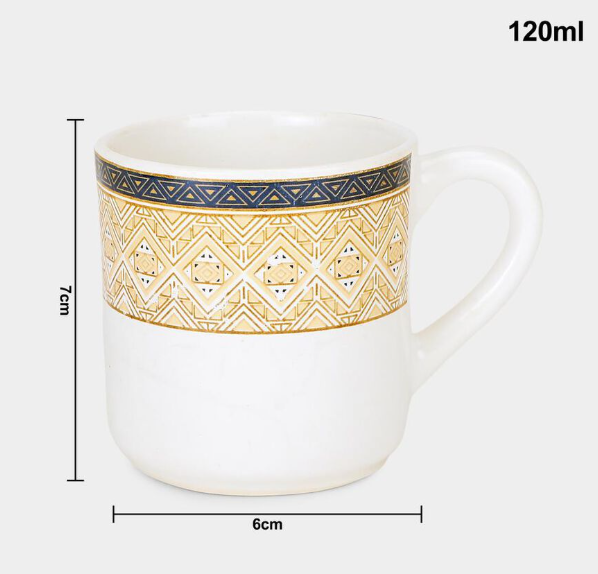 Bone China Mug Set of 6, 120ml White Tea & Coffee Cups with Geometric Gold and Blue Border Design, Elegant Drinking Mugs for Espresso, Cappuccino, Green Tea & Hot Beverages, 7 x 6 cm
