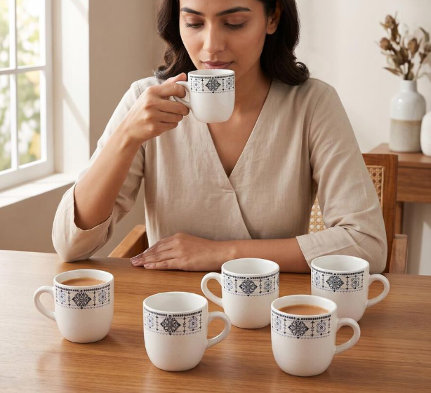 Bio China Coffee Mug Set of 6, 140ml White Tea & Coffee Cups with Blue Floral Border Design, Lightweight Ceramic Drinking Mugs with Handles for Espresso, Green Tea & Hot Beverages