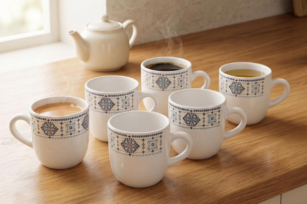 Bio China Coffee Mug Set of 6, 140ml White Tea & Coffee Cups with Blue Floral Border Design, Lightweight Ceramic Drinking Mugs with Handles for Espresso, Green Tea & Hot Beverages