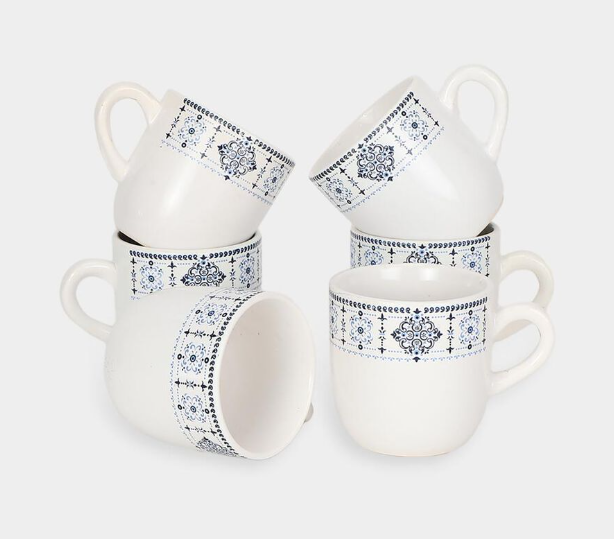 Bio China Coffee Mug Set of 6, 140ml White Tea & Coffee Cups with Blue Floral Border Design, Lightweight Ceramic Drinking Mugs with Handles for Espresso, Green Tea & Hot Beverages