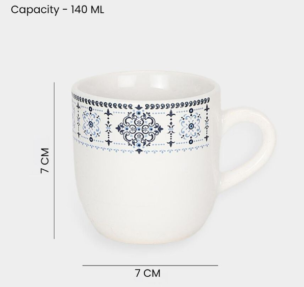 Bio China Coffee Mug Set of 6, 140ml White Tea & Coffee Cups with Blue Floral Border Design, Lightweight Ceramic Drinking Mugs with Handles for Espresso, Green Tea & Hot Beverages