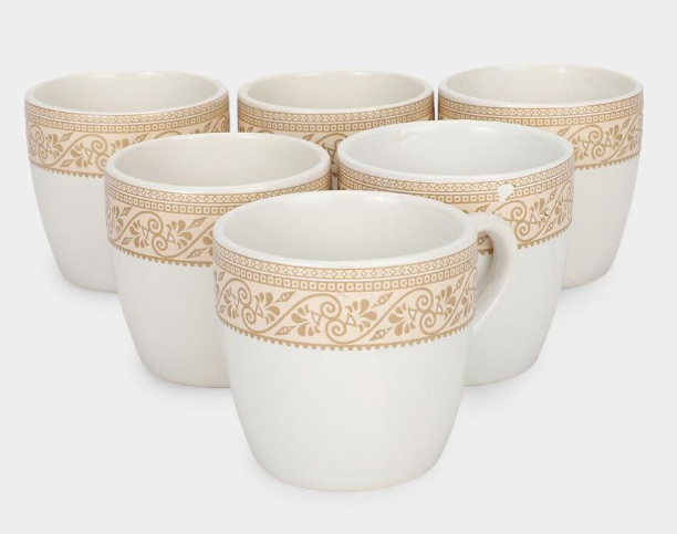 Bio China Coffee Mug Set of 6, 120ml White Tea & Coffee Cups with Golden Floral Border Design, Lightweight Drinking Mugs with Handles for Espresso, Green Tea & Hot Beverages, 7 x 5 cm
