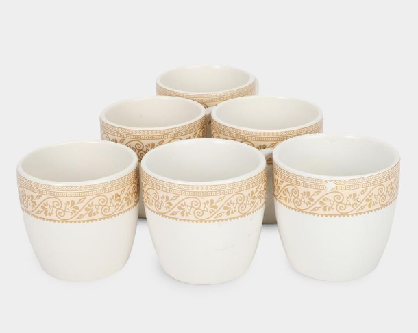 Bio China Coffee Mug Set of 6, 120ml White Tea & Coffee Cups with Golden Floral Border Design, Lightweight Drinking Mugs with Handles for Espresso, Green Tea & Hot Beverages, 7 x 5 cm
